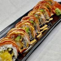 Shaggy Dog Roll · Shrimp tempura, cucumber, avocado and cream cheese, top with kani, eel sauce, spicy mayo and...