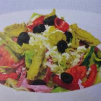 Antipasto Salad · Lettuce, tomatoes, black olives, mozzarella cheese, ham, Genoa salami, pepperoncinis and art...