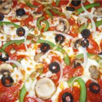 Supreme Pizza · Pepperoni, sausage, mushrooms, bell peppers, red onion and black olives.