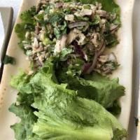 Chicken Larb · Chicken, mint, cilntro, red or green onions, rice powder and lettuce. 
