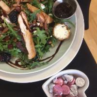 Forsyth Fig Salad · Sweet tea brined chicken, fried goat cheese with rosemary and honey, cranberry, seasonal ber...