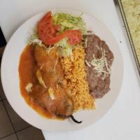 2 Chiles Rellenos Platillo · Poblano peppers stuffed with cheese. Served with rice, beans and salad.