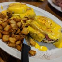 Eggs Bagel Dict · A toasted fresh bagel or English muffin and a blanket of pastrami topped with 2 poached eggs...