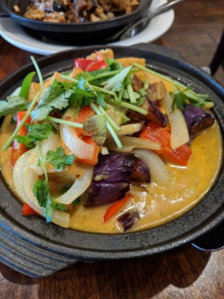 Eggplant Curry Claypot · Organic tofu, eggplant, onion and bell pepper in coconut curry sauce.