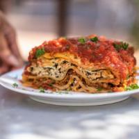 Mama Mia Lasagna · Vegan protein sausage, tofu ricotta, vegan mozzarella, fresh spinach, basil and sun-dried to...