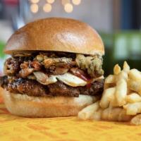 Dealer · Beef Patty, Cream Cheese, BBQ Pulled Pork, Fried Jalapenos, Cilantro Ranch