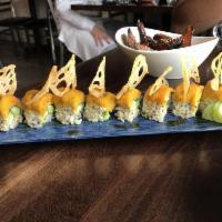 Yellow Submarine Roll · Asparagus, avocado and cucumber roll with sweet pumpkin. Vegan.
