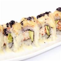 Lobster Roll · Baked roll
In : Lobster, Avocado
Out : Real crab
(Sweet white sauce and tobiko on top)