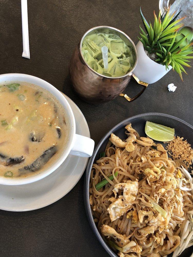 Tom Kha · Choice of protein in tasty coconut-infused broth, cabbage, lime leaves, mushrooms, lemongrass, lime juice, tomatoes, cilantro, and Thai seasoning.