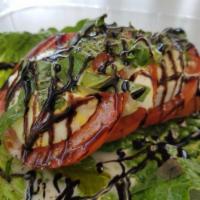 Caprese Salad · Tomato slices, fresh mozzarella, fresh basil and balsamic extra virgin olive oil on a bed of...