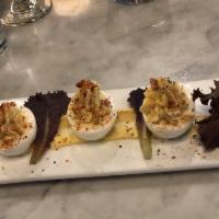 Smoked Trout Deviled Eggs · Bacon, Chives