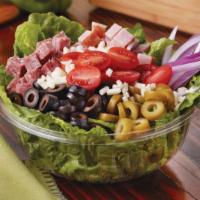 Antipasto Salad · Crisp romaine, with salami, ham, green and black olives, red onions, tomatoes, mozzarella an...