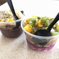 North Pole Bowl · Blended acai, banana, and honey. Topped with granola, banana, mango, blueberry, almond, and ...