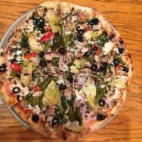 Veggie Supreme Pizza · Roasted peppers, onions, black olives, artichoke hearts, mushrooms, mozzarella, and tomato s...