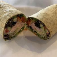 Turkey Wrap · Ranch, turkey, olives, bell peppers, cucumbers, carrots, tomato, sprouts, lettuce and provol...