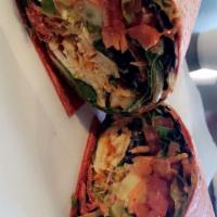 Buffalo Chicken Wrap · Buffalo sauce, chicken, bell peppers, cucumbers, olives, carrots, tomato, lettuce, sprouts a...