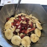 Warrior Bowl · Base blend of organic acai, VB blend, almond milk, bananas, blueberries, raspberries, flax s...