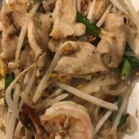 Pad Thai · Gluten free. Stir-fried noodles with chicken, shrimp, bean sprouts, ground peanuts, scallion...