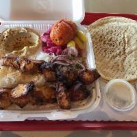 Chicken Kabob Plate · Marinated chicken, hummus, rice, seasoned onions, roasted tomato, pickled turnips, garlic sa...