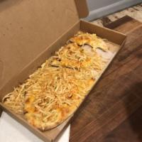 The Mac and Cheese Pizza · Queso sauce and ditalini pasta, cheddar and jack cheese. Topped with crispy shredded potato.