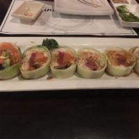 Sexy Roll · In: Tuna, salmon, crabmeat, avocado, gobo, mushroom Out: wrapped with cucumber, NO RICE