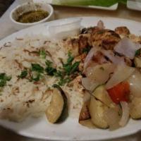 Chicken Kabob · Halal. Marinated grilled chicken, roasted vegetables, and Lebanese rice pilaf.