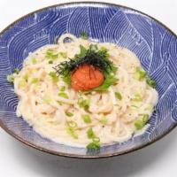 Mentai Cream Sauce Udon · Seasoned cod roe, shiso leaf, parmesan cheese, green onions, and nori seaweed.