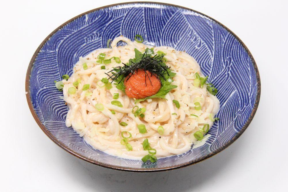 Mentai Cream Sauce Udon · Seasoned cod roe, shiso leaf, parmesan cheese, green onions, and nori seaweed.