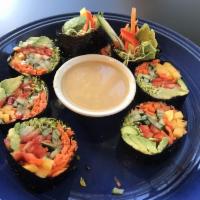 Nori Roll · Red pepper, cucumber, carrot, mango, avocado and clover sprouts rolled in seaweed with miso ...