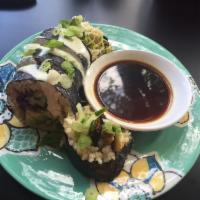 Avocado Roll · Cooked brown rice, avocado, cucumber, kale crumbles, red cabbage and lettuce wrapped in seaw...