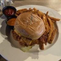 Buttermilk Fried Chicken Sandwich · Hand battered chicken breast, applewood smoked bacon, cheddar, dill pickles, chipotle mayo, ...