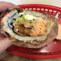 Fried Dynamite Burrito · Shrimp tempura, spicy krab, cream cheese, avocado, asparagus, red onion, bacon bite, shrimp ...