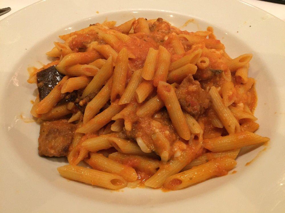 Penne Norma · Penne with sauteed eggplant, tomato sauce and melted mozzarella. Vegetarian.