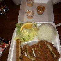 Chicken Katsu · 2 pieces fried breast chicken . Includes rice and salad.