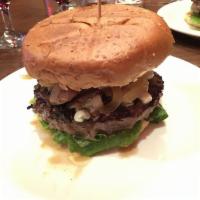 Geisha Burger · Grass-fed Idaho Kobe beef, melted Gorgonzola cheese, caramelized onions, tomato, sauteed mus...