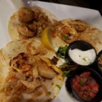 Shrimp Tacos · Sautéed shrimp, southwestern slaw, chipotle mayo, rice, pico de gallo, sour cream, flour tor...