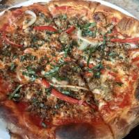 Spicy Sausage Pie · 3 cheese blend with house-made spicy pork sausage, red bell peppers, and roasted white onion...