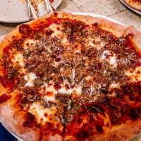 Premium Meats Pie · House-made spicy pork sausage with crumbled meatballs, fresh mozzarella, and smoked provolon...