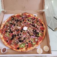 Hell's Kitchen Pizza · Pepperoni, Italian sausage, meatballs, bell peppers, red onion, mushroom, black olives, fres...