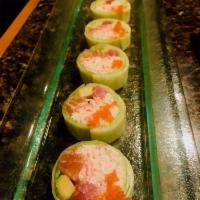 Jade Roll · Tuna, salmon, avocado and crab salad wrapped with cucumber.