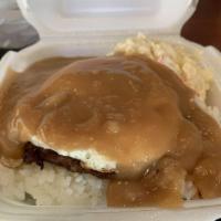 Loco Moco Breakfast · Seasoned hamburger patty, gravy and over easy egg(s) served with rice and macaroni salad.