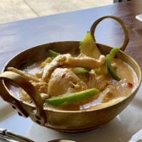 Red Curry · Coconut curry with red chili paste, bell pepper, bamboo shoots, zucchini, and basil. (curry ...