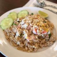 Crab Fried Rice · Fried rice with crab meat mixed imitation crab, egg, yellow onion, tomato, and green onions ...