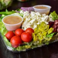 Greek Salad · Fresh chopped romaine, cherry tomatoes, feta cheese, pepperoncini pepper, Kalamata olives, g...