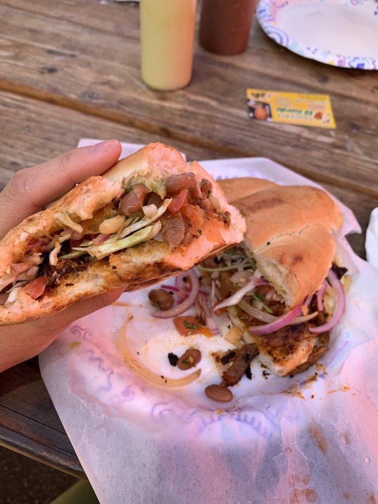 Tortas · Choice of meat, Beans, Cheese, Pico de gallo, lettuce, jalapenos, sour cream and salsa.

Extra charge for extra salsas and lime. See Sides