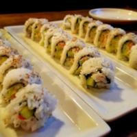 California Roll · Avocado, crab mix and cucumber roll topped with sesame seeds.
