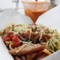 Flirting Clam Linguine · Fresh tomatoes, white onions, parsley, white wine, with baby clams in a butter garlic sauce,...