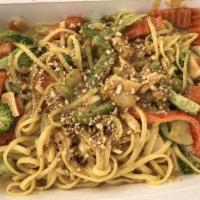 Noodles Gone Nuts · Fresh broccoli, carrots, white onions, red and green peppers with linguini in a Thai peanut ...