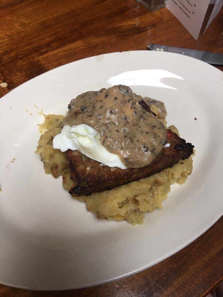 Meatloaf · Golden Rule Farm grass-fed beef meatloaf on organic smashed potatoes topped with organic cream mushroom gravy