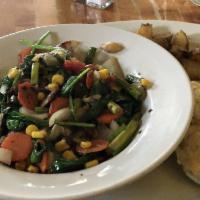 Veggie Bowl · sauteed fresh vegetables, onions, and mushrooms with organic roasted potatoes and house made...